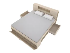 Lit avec tête de lit rangements et tiroirs - 140 x 190 cm - Coloris : Naturel - LEANDRE