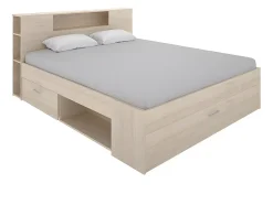 Lit avec tête de lit rangements et tiroirs - 140 x 190 cm - Coloris : Naturel - LEANDRE