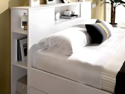 Lit avec tête de lit rangements et tiroirs - 140 x 190 cm - Coloris : Blanc + Sommier + Matelas - LEANDRE
