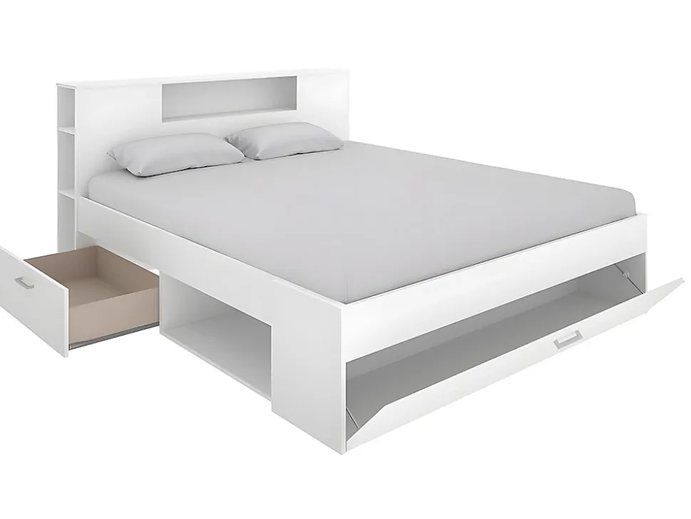 Lit avec tête de lit rangements et tiroirs - 140 x 190 cm - Coloris : Blanc + Sommier + Matelas - LEANDRE