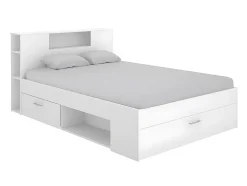 Lit avec tête de lit rangements et tiroirs - 140 x 190 cm - Coloris : Blanc + Sommier + Matelas - LEANDRE