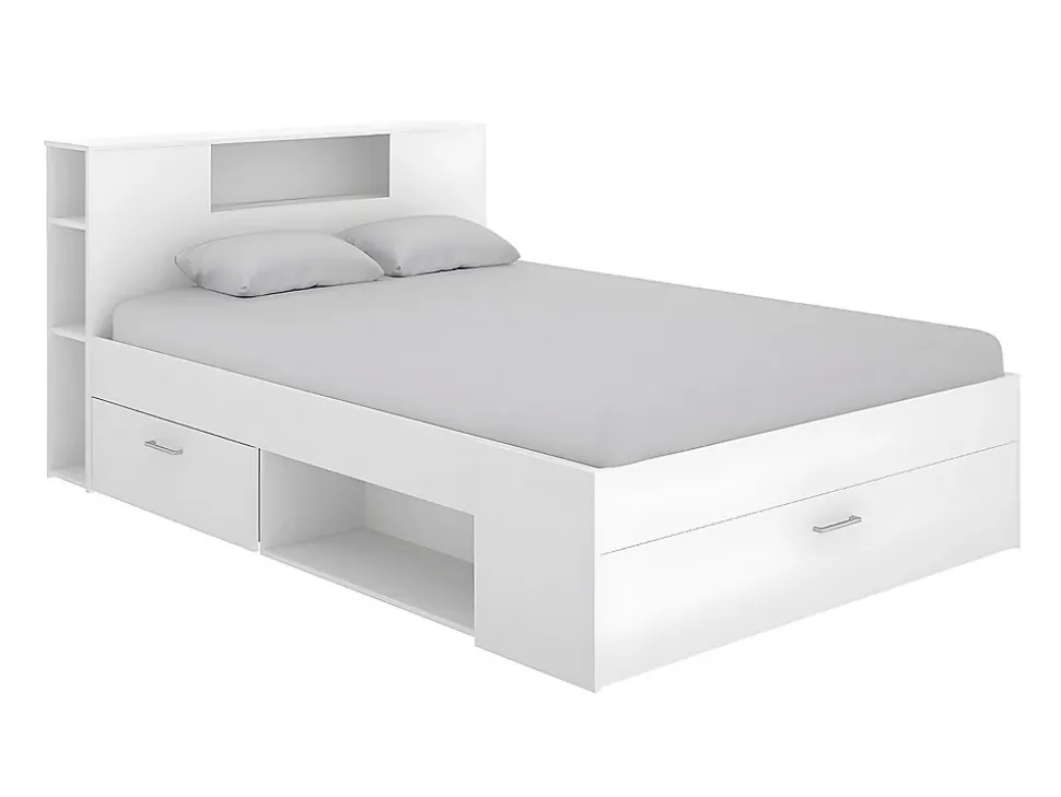 Lit avec tête de lit rangements et tiroirs - 140 x 190 cm - Coloris : Blanc + Sommier + Matelas - LEANDRE