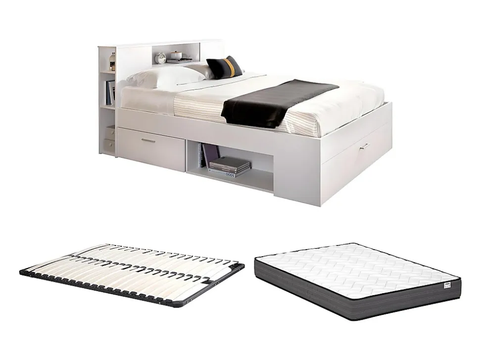 Lit avec tête de lit rangements et tiroirs - 140 x 190 cm - Coloris : Blanc + Sommier + Matelas - LEANDRE