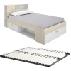 Lit avec tête de lit rangements et tiroir - 120 x 190cm - Coloris : Naturel et blanc + Sommier - LEANDRE