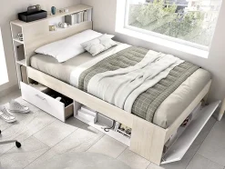 Lit avec tête de lit rangements et tiroir - 120 x 190cm - Coloris : Naturel et blanc + Sommier - LEANDRE