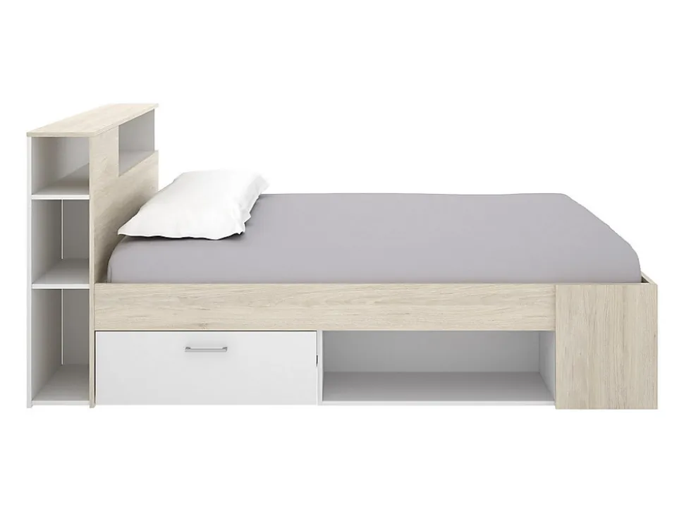 Lit avec tête de lit rangements et tiroir - 120 x 190cm - Coloris : Naturel et blanc + Sommier - LEANDRE