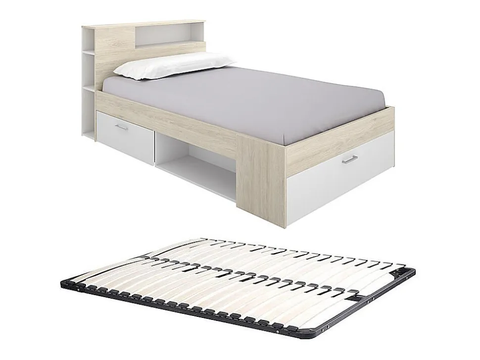 Lit avec tête de lit rangements et tiroir - 120 x 190cm - Coloris : Naturel et blanc + Sommier - LEANDRE