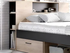 Lit avec tête de lit rangements et tiroirs - 160 x 200 cm - Coloris : Naturel et anthracite + Sommier + Matelas - LEANDRE