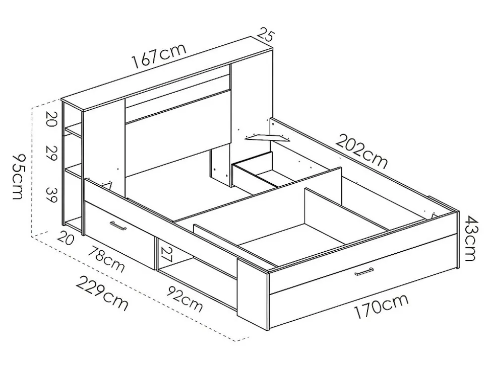 Lit avec tête de lit rangements et tiroirs - 160 x 200 cm - Coloris : Naturel et anthracite + Sommier + Matelas - LEANDRE