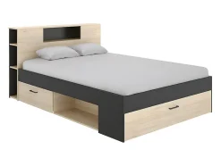 Lit avec tête de lit rangements et tiroirs - 160 x 200cm - Coloris : Naturel et anthracite - LEANDRE