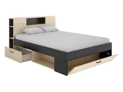 Lit avec tête de lit rangements et tiroirs - 160 x 200cm - Coloris : Naturel et anthracite - LEANDRE