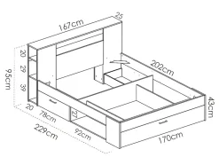 Lit avec tête de lit rangements et tiroirs - 160 x 200cm - Coloris : Naturel et anthracite - LEANDRE
