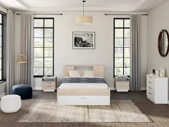 Lit avec tête de lit rangements et tiroirs - 140 x 190 cm - Coloris : Naturel et blanc + Sommier - LEANDRE