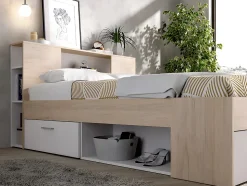 Lit avec tête de lit rangements et tiroirs - 140 x 190 cm - Coloris : Naturel et blanc + Sommier - LEANDRE