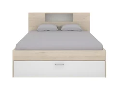 Lit avec tête de lit rangements et tiroirs - 140 x 190 cm - Coloris : Naturel et blanc + Sommier - LEANDRE