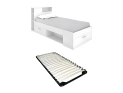 Lit avec tête de lit rangements et tiroir - 90 x 190 cm - Blanc + Sommier - LEANDRE