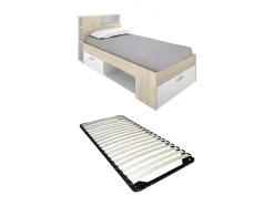 Lit avec tête de lit rangements et tiroir - 90 x 190 cm - Blanc et Naturel + Sommier - LEANDRE