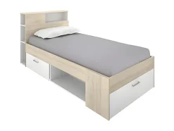 Lit avec tête de lit rangements et tiroir - 90 x 190 cm - Blanc et Naturel + Sommier - LEANDRE