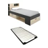 Lit avec tête de lit rangements et tiroir - 90 x 190 cm - Anthracite et naturel + Sommier - LEANDRE