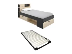 Lit avec tête de lit rangements et tiroir - 90 x 190 cm - Anthracite et naturel + Sommier - LEANDRE