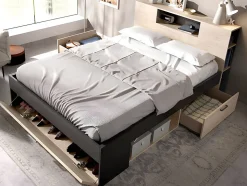 Lit avec tête de lit rangements et tiroirs - 140 x 190 cm - Coloris : Naturel et anthracite - LEANDRE