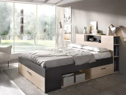 Lit avec tête de lit rangements et tiroirs - 140 x 190 cm - Coloris : Naturel et anthracite - LEANDRE