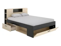 Lit avec tête de lit rangements et tiroirs - 140 x 190 cm - Coloris : Naturel et anthracite - LEANDRE