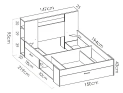 Lit avec tête de lit rangements et tiroirs - 140 x 190 cm - Coloris : Naturel et anthracite - LEANDRE
