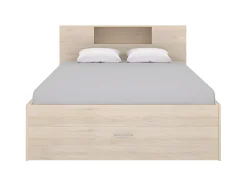 Lit avec tête de lit rangements et tiroirs - 160 x 200 cm - Coloris : Naturel + Sommier - LEANDRE