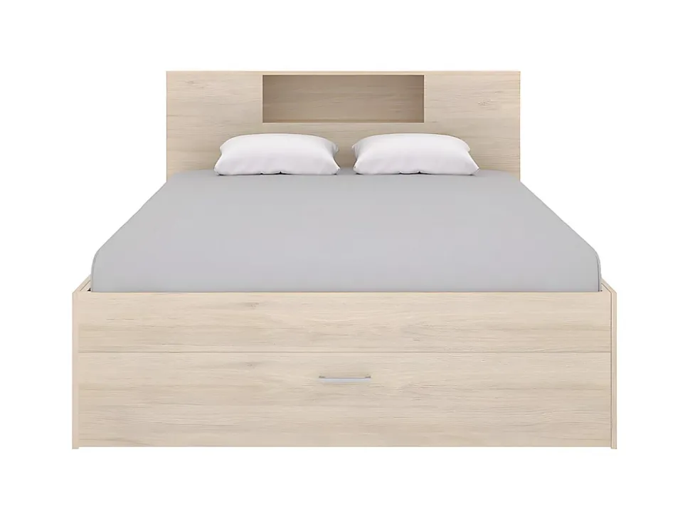 Lit avec tête de lit rangements et tiroirs - 160 x 200 cm - Coloris : Naturel + Sommier - LEANDRE