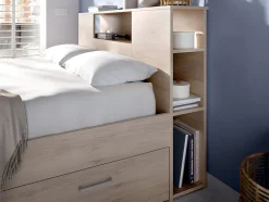 Lit avec tête de lit rangements et tiroirs - 160 x 200 cm - Coloris : Naturel + Sommier - LEANDRE