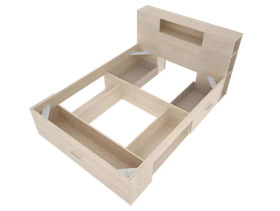 Lit avec tête de lit rangements et tiroirs - 160 x 200 cm - Coloris : Naturel + Sommier - LEANDRE