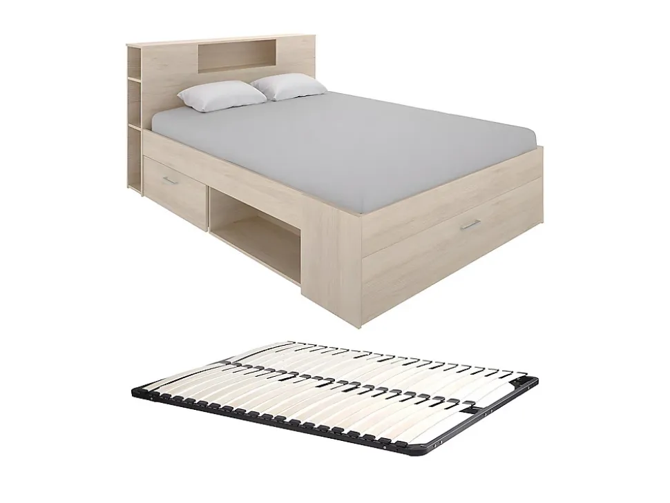 Lit avec tête de lit rangements et tiroirs - 160 x 200 cm - Coloris : Naturel + Sommier - LEANDRE