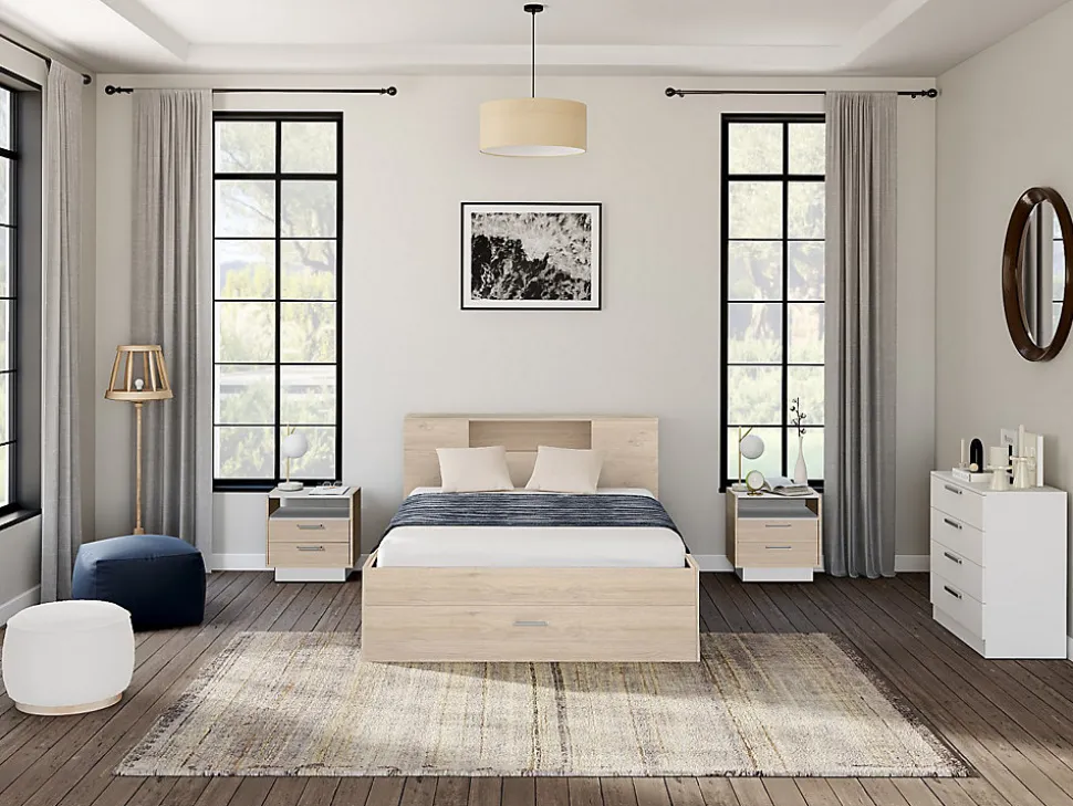 Lit avec tête de lit rangements et tiroirs - 160 x 200 cm - Coloris : Naturel + Sommier - LEANDRE