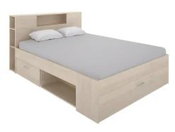 Lit avec tête de lit rangements et tiroirs - 160 x 200 cm - Coloris : Naturel + Sommier - LEANDRE