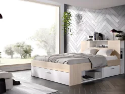 Lit avec tête de lit rangements et tiroirs - 160 x 200 cm - Coloris : Naturel et blanc + Sommier + Matelas - LEANDRE