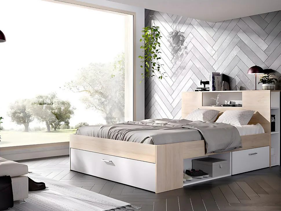Lit avec tête de lit rangements et tiroirs - 160 x 200 cm - Coloris : Naturel et blanc + Sommier + Matelas - LEANDRE