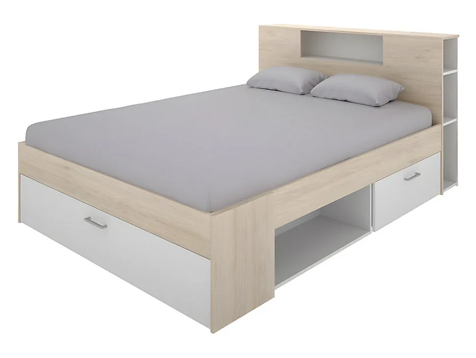 Lit avec tête de lit rangements et tiroirs - 160 x 200 cm - Coloris : Naturel et blanc + Sommier + Matelas - LEANDRE