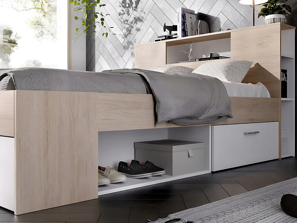 Lit avec tête de lit rangements et tiroirs - 160 x 200 cm - Coloris : Naturel et blanc + Sommier + Matelas - LEANDRE
