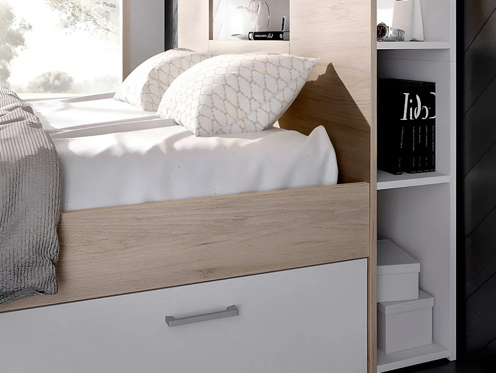 Lit avec tête de lit rangements et tiroirs - 160 x 200 cm - Coloris : Naturel et blanc + Sommier + Matelas - LEANDRE