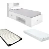 Lit avec tête de lit rangements et tiroir - 90 x 190 cm - Blanc + matelas + sommier - LEANDRE