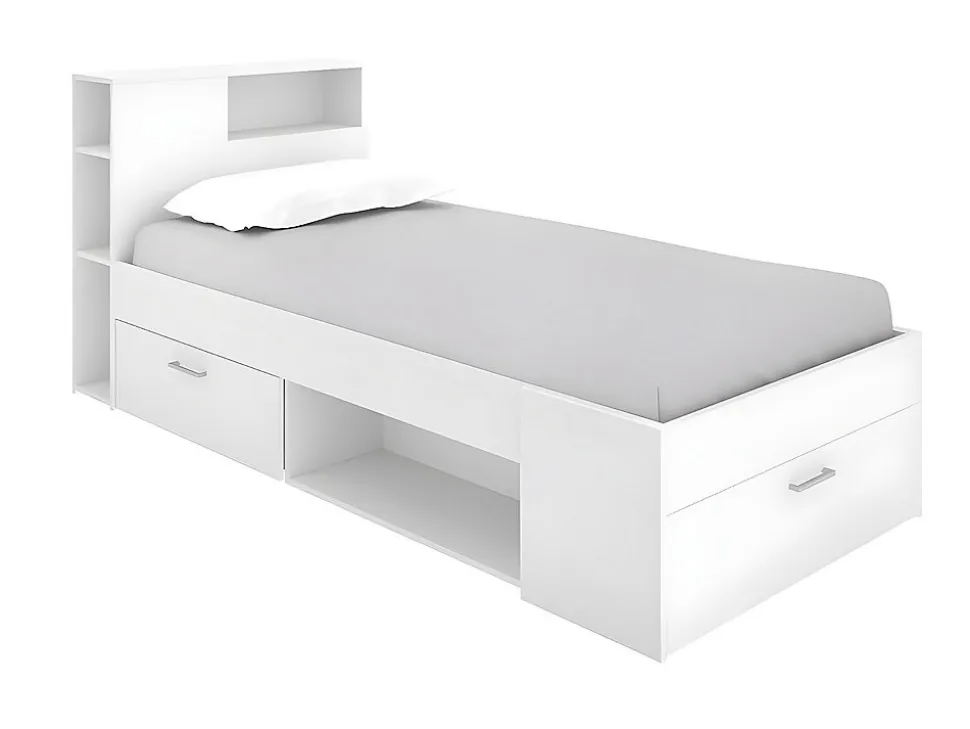 Lit avec tête de lit rangements et tiroir - 90 x 190 cm - Blanc + matelas + sommier - LEANDRE