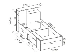 Lit avec tête de lit rangements et tiroir - 90 x 190 cm - Blanc + matelas + sommier - LEANDRE