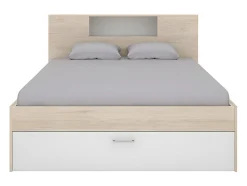Lit avec tête de lit rangements et tiroirs - 160 x 200 cm - Coloris : Naturel et blanc - LEANDRE