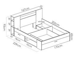 Lit avec tête de lit rangements et tiroirs - 160 x 200 cm - Coloris : Naturel et blanc - LEANDRE