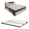 Lit avec tête de lit rangements et tiroirs - 160 x 200 cm - Coloris : Naturel et anthracite + Sommier - LEANDRE