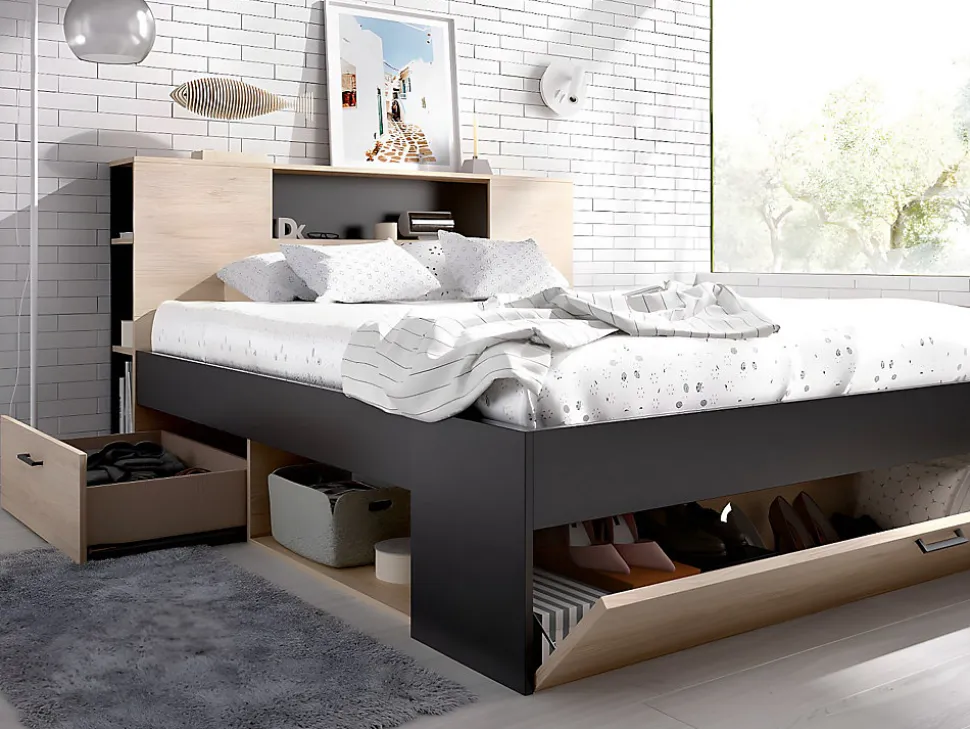 Lit avec tête de lit rangements et tiroirs - 160 x 200 cm - Coloris : Naturel et anthracite + Sommier - LEANDRE