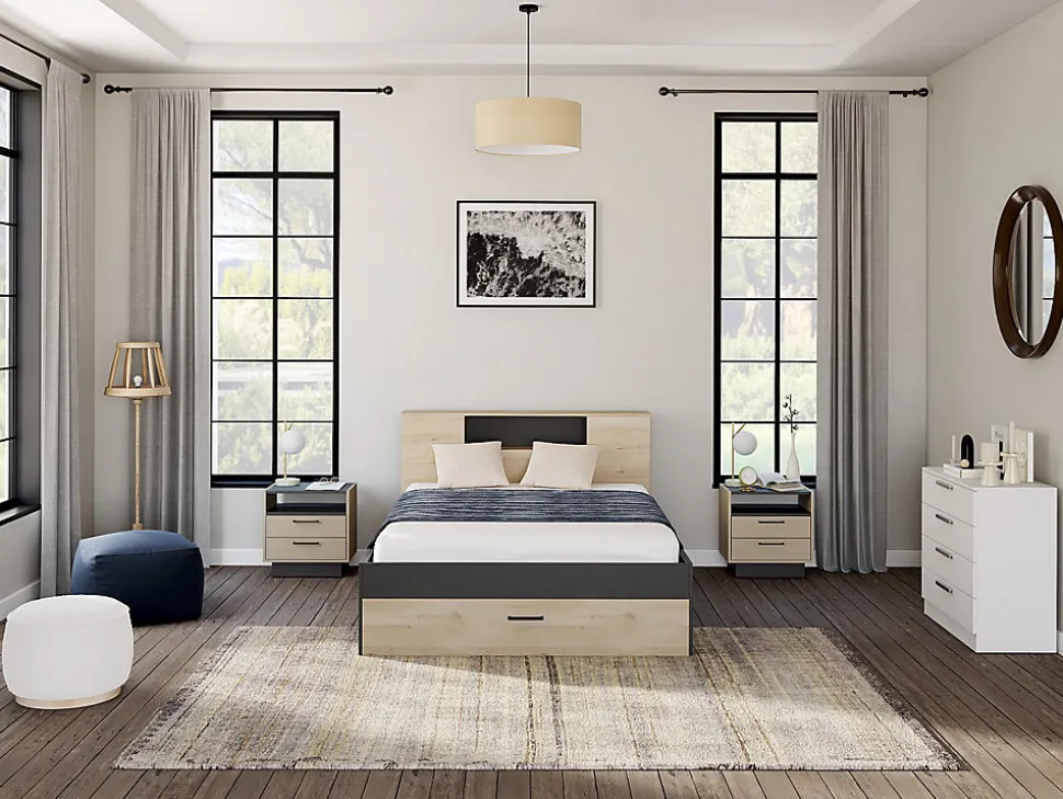 Lit avec tête de lit rangements et tiroirs - 160 x 200 cm - Coloris : Naturel et anthracite + Sommier - LEANDRE