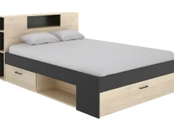 Lit avec tête de lit rangements et tiroirs - 160 x 200 cm - Coloris : Naturel et anthracite + Sommier - LEANDRE