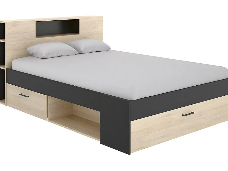 Lit avec tête de lit rangements et tiroirs - 160 x 200 cm - Coloris : Naturel et anthracite + Sommier - LEANDRE